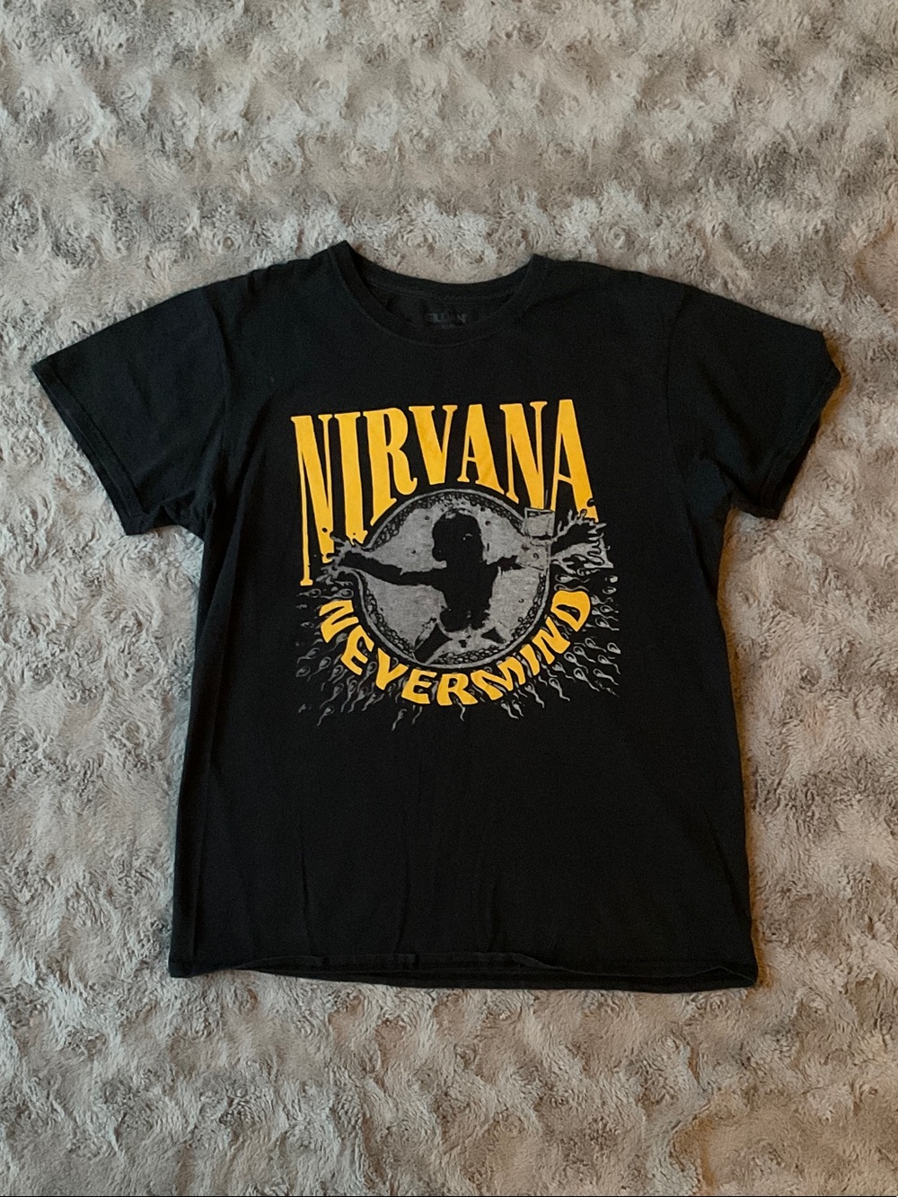 NIRVANA Black 'Nevermind' Graphic Tee with Yellow & Gray Print